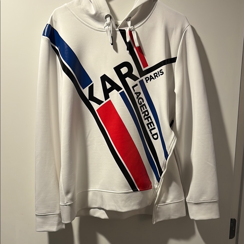 Karl Lagerfeld Sweatshirt Hoodie White with Red and Blue Accents Size Large